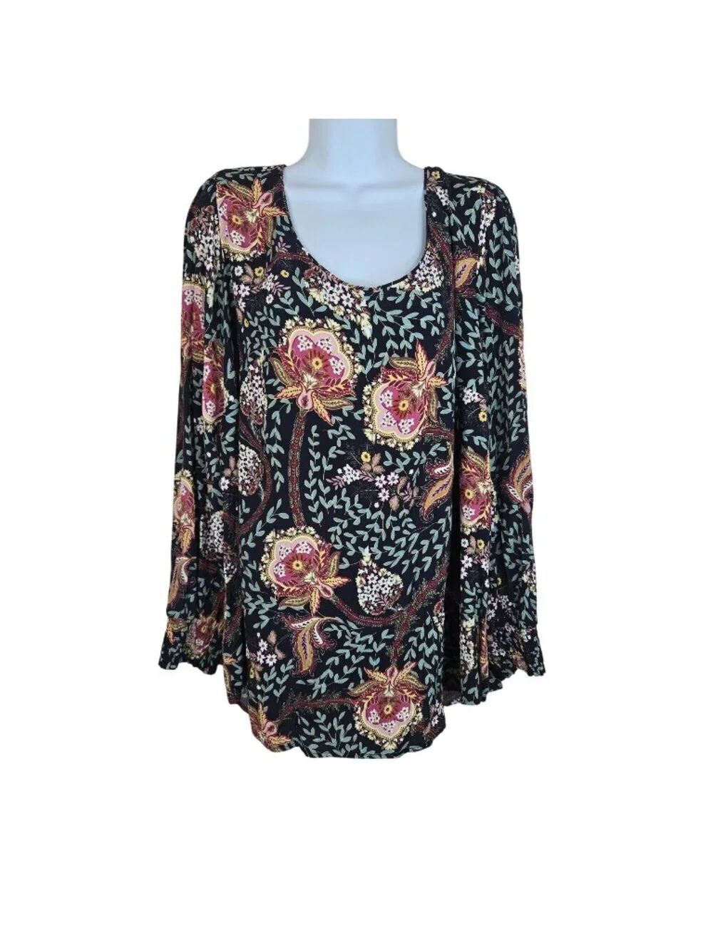 Floral Print Scoop Neck Long Sleeve Blouse By Loft Plus Size 18 Boho Rayon